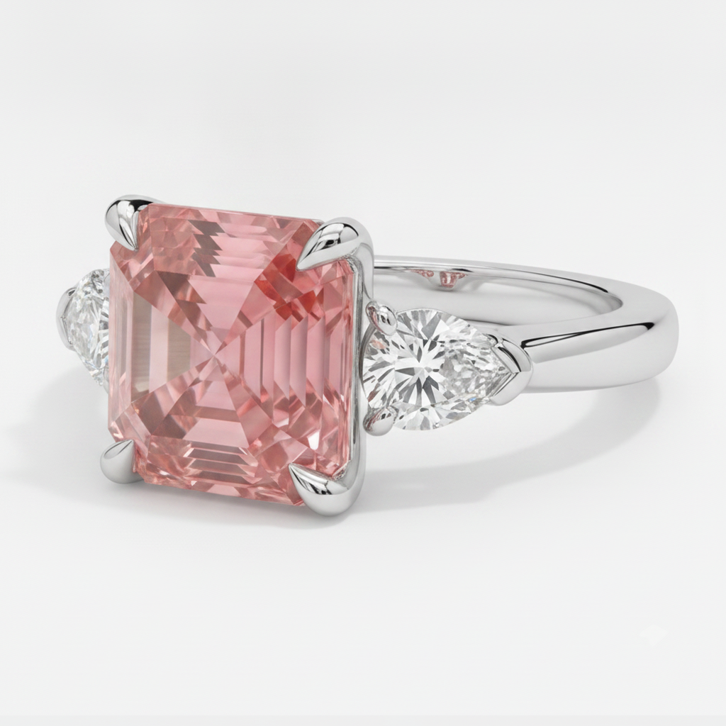 Anello a tre pietre in platino con zaffiro Padparadscha autentico taglio Asscher da 3,6 carati e trilliant bianchi