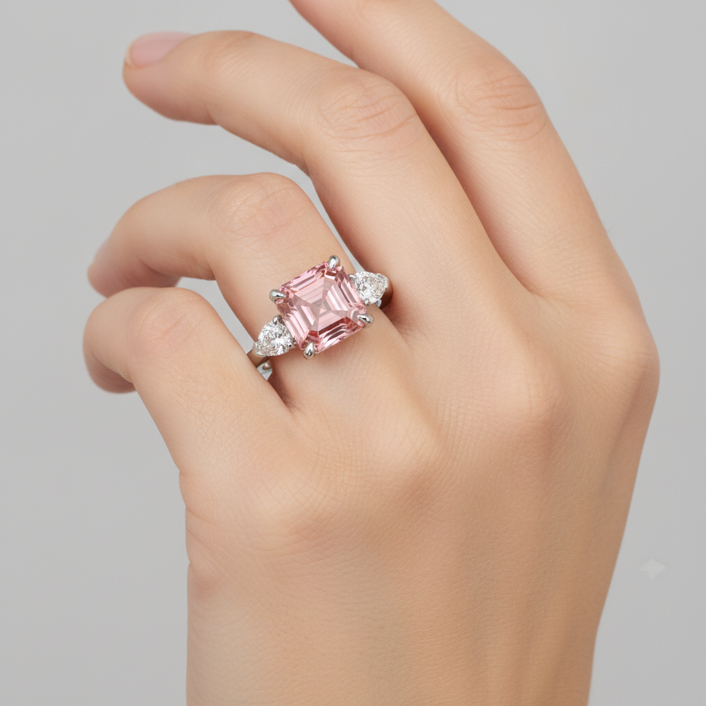 Anello a tre pietre in platino con zaffiro Padparadscha autentico taglio Asscher da 3,6 carati e trilliant bianchi