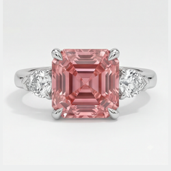 Anello a tre pietre in platino con zaffiro Padparadscha autentico taglio Asscher da 3,6 carati e trilliant bianchi