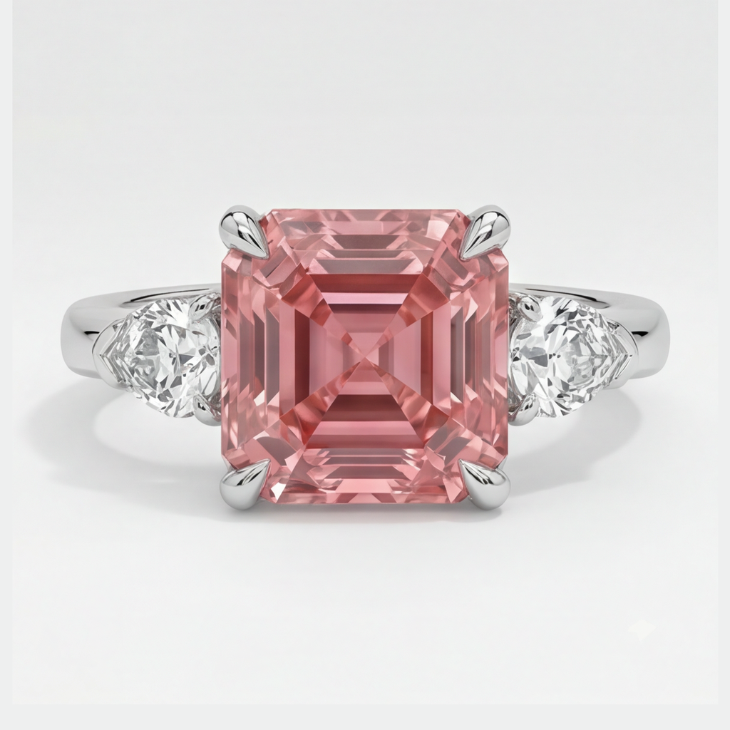 Anello a tre pietre in platino con zaffiro Padparadscha autentico taglio Asscher da 3,6 carati e trilliant bianchi