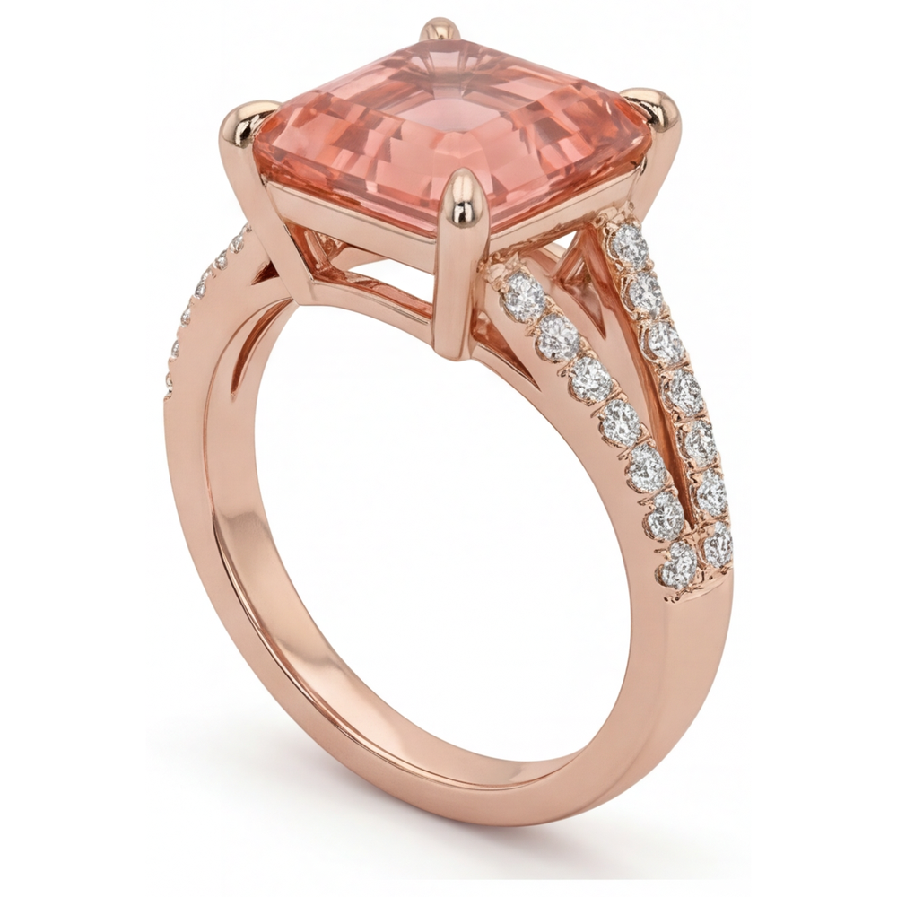 Anello con zaffiro Padparadscha da laboratorio da 4,3 carati taglio Asscher e pavé in Oro Rosa 14K