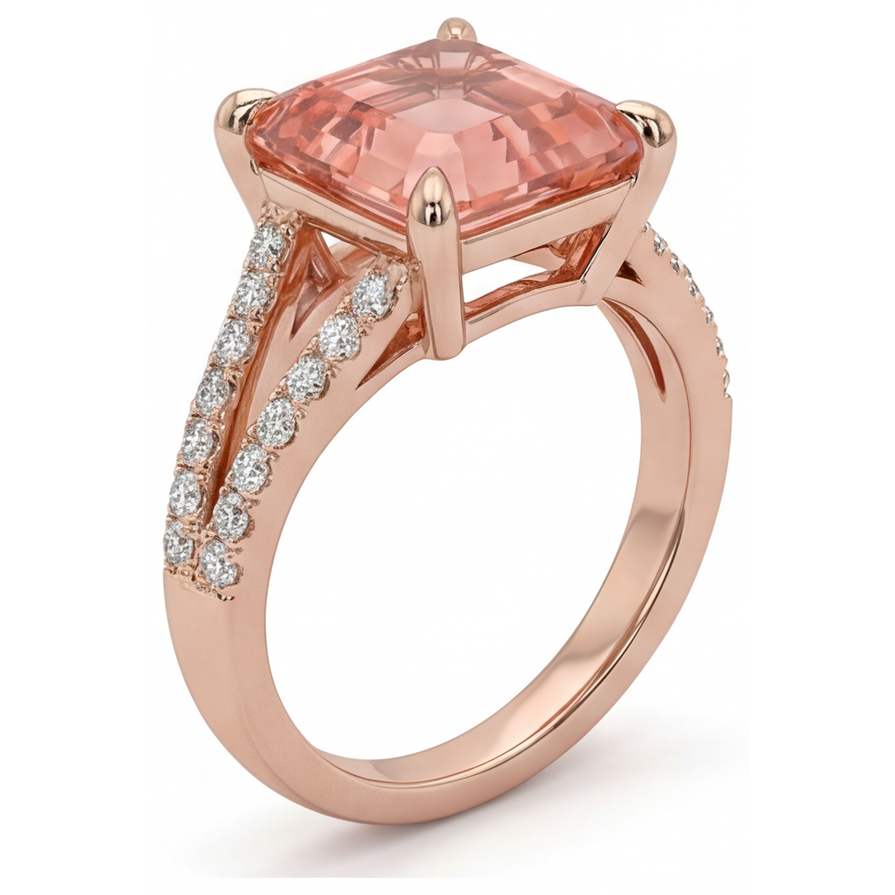 Anello con zaffiro Padparadscha da laboratorio da 4,3 carati taglio Asscher e pavé in Oro Rosa 14K