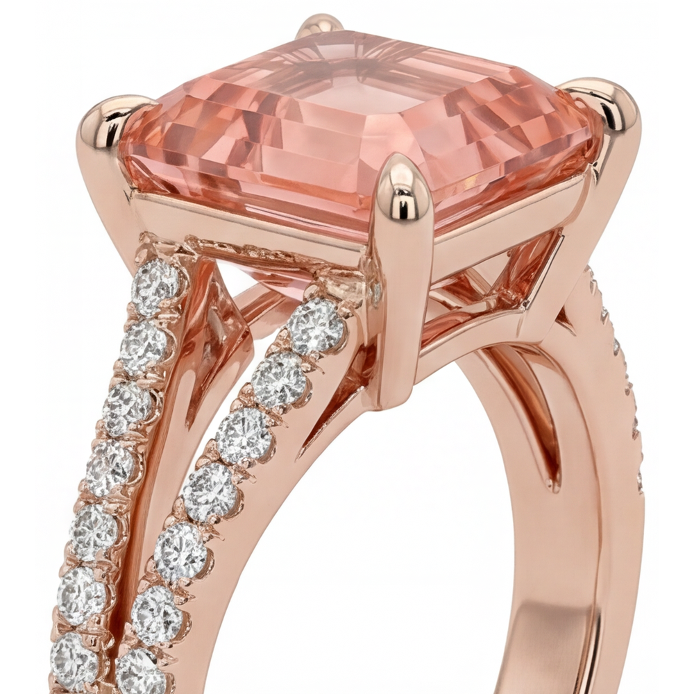 Anello con zaffiro Padparadscha da laboratorio da 4,3 carati taglio Asscher e pavé in Oro Rosa 14K