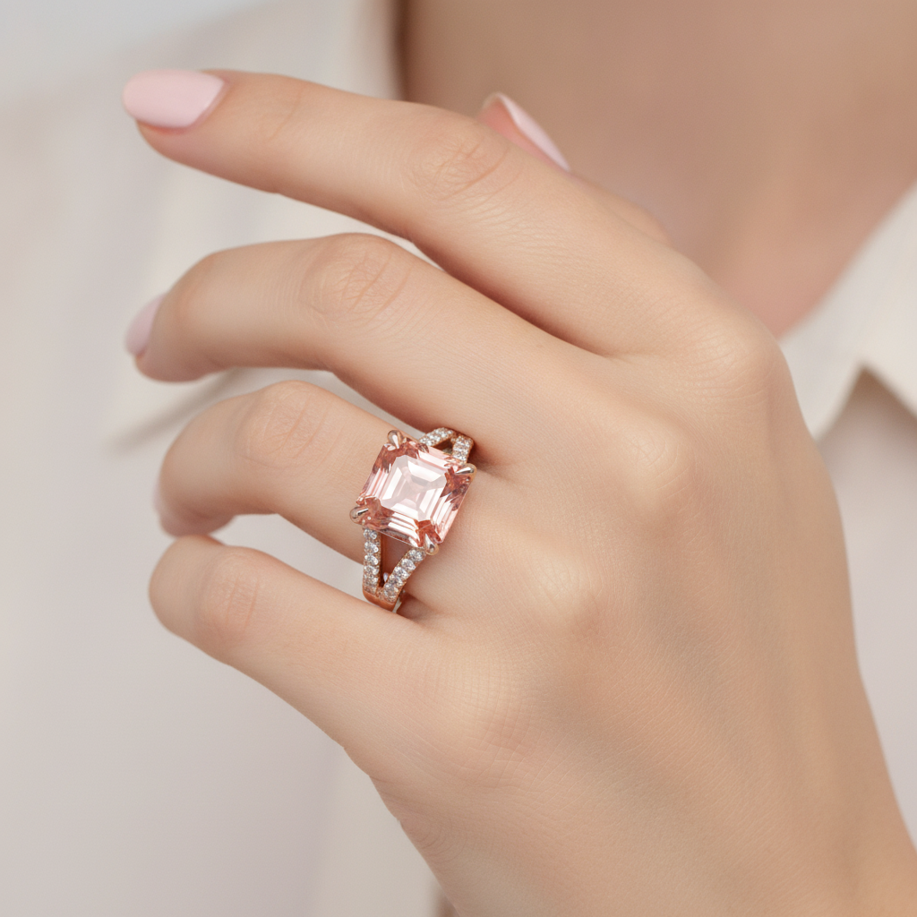 Anello con zaffiro Padparadscha da laboratorio da 4,3 carati taglio Asscher e pavé in Oro Rosa 14K