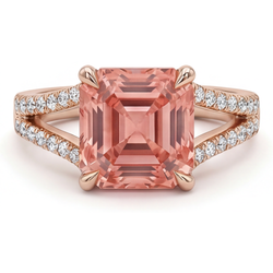 Anello con zaffiro Padparadscha da laboratorio da 4,3 carati taglio Asscher e pavé in Oro Rosa 14K