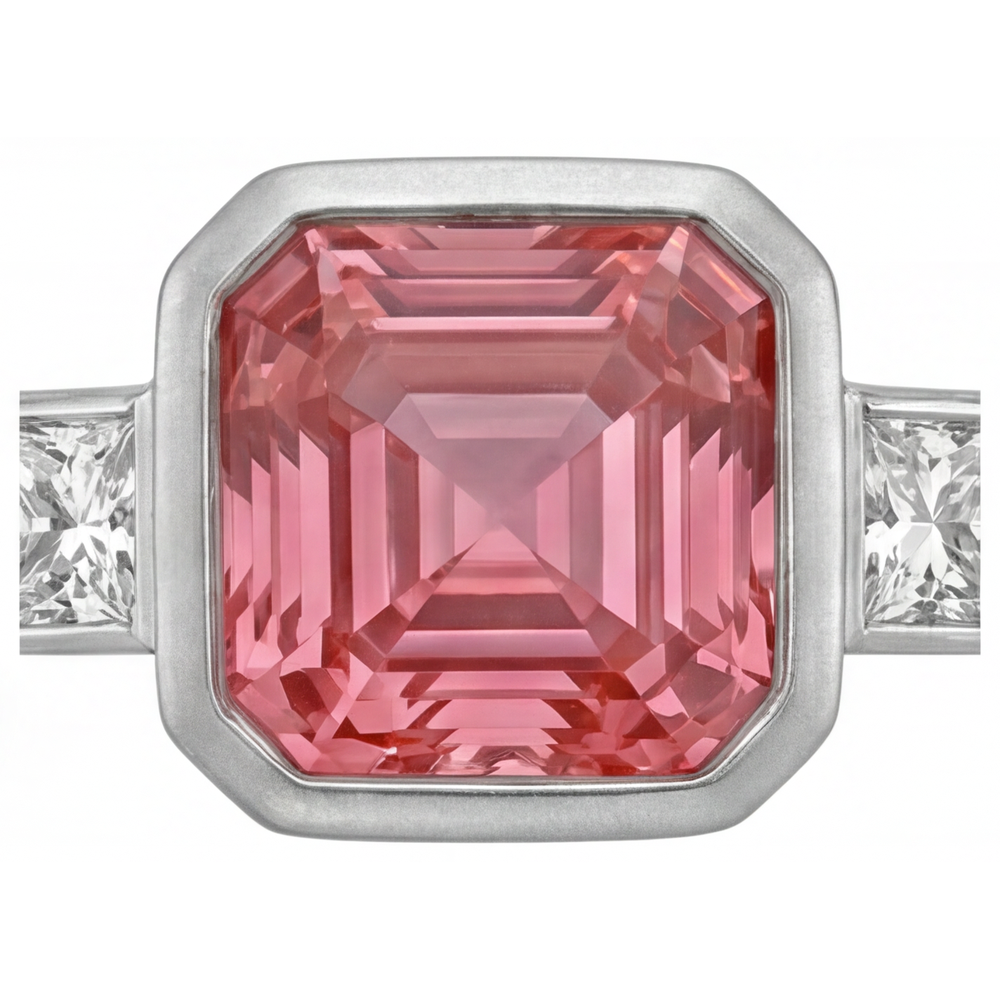 Anello di Fidanzamento a Tre Pietre in Oro 14K con Zaffiro Pesca Padparadscha Naturale Taglio Asscher da 2,9 Carati e Lunetta con Baguette Bianche