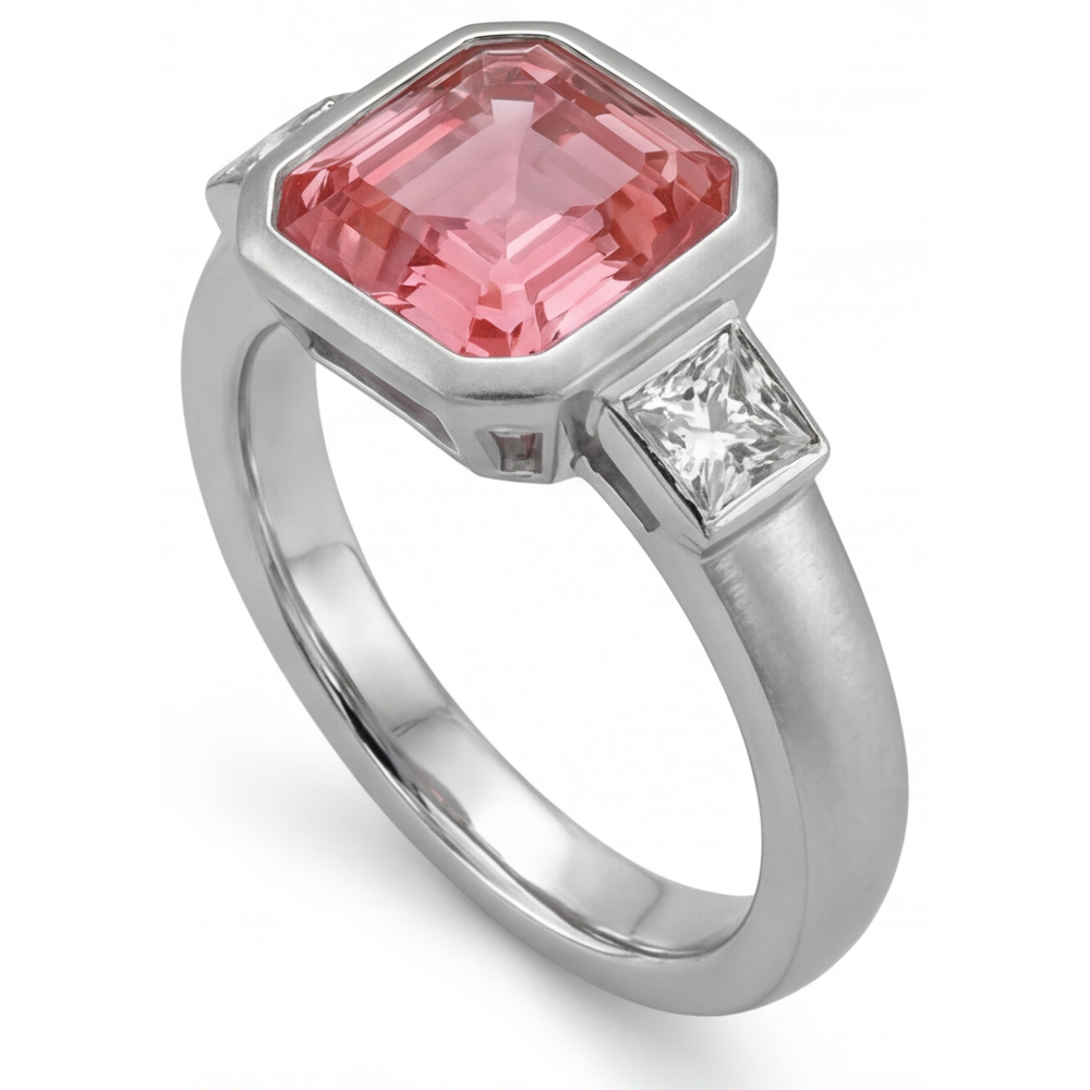 Anello di Fidanzamento a Tre Pietre in Oro 14K con Zaffiro Pesca Padparadscha Naturale Taglio Asscher da 2,9 Carati e Lunetta con Baguette Bianche