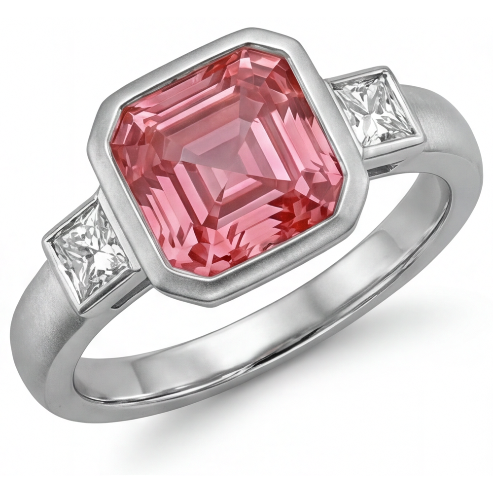 Anello di Fidanzamento a Tre Pietre in Oro 14K con Zaffiro Pesca Padparadscha Naturale Taglio Asscher da 2,9 Carati e Lunetta con Baguette Bianche