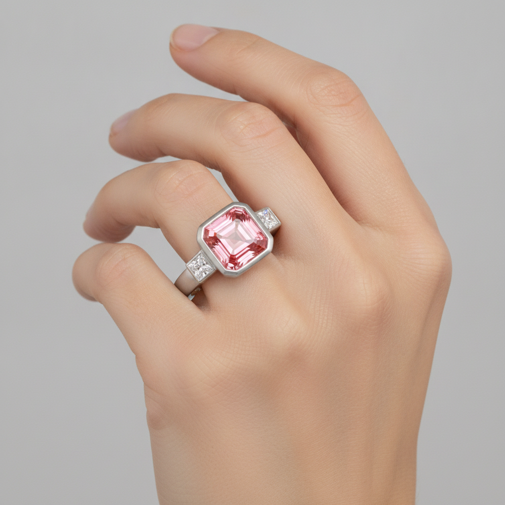 Anello di Fidanzamento a Tre Pietre in Oro 14K con Zaffiro Pesca Padparadscha Naturale Taglio Asscher da 2,9 Carati e Lunetta con Baguette Bianche