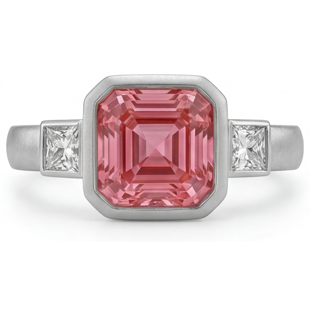 Anello di Fidanzamento a Tre Pietre in Oro 14K con Zaffiro Pesca Padparadscha Naturale Taglio Asscher da 2,9 Carati e Lunetta con Baguette Bianche