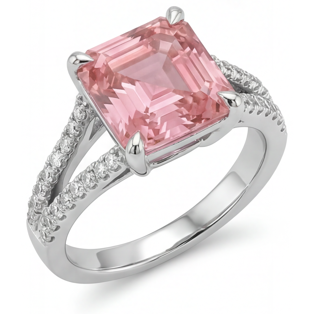 Anello di Fidanzamento con Zaffiro Padparadscha Pesca Naturale Taglio Asscher da 3,8 Carati e Pavé in Oro Bianco 14K