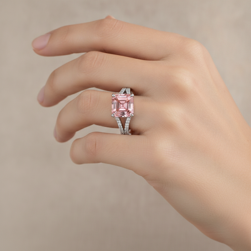 Anello di Fidanzamento con Zaffiro Padparadscha Pesca Naturale Taglio Asscher da 3,8 Carati e Pavé in Oro Bianco 14K
