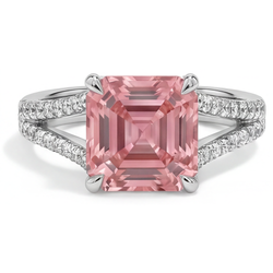 Anello di Fidanzamento con Zaffiro Padparadscha Pesca Naturale Taglio Asscher da 3,8 Carati e Pavé in Oro Bianco 14K