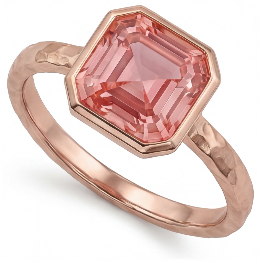 Anello di Fidanzamento Solitario in Oro Rosa con Lunetta, Zaffiro Padparadscha Pesca Naturale da 2,5 Carati Taglio Asscher