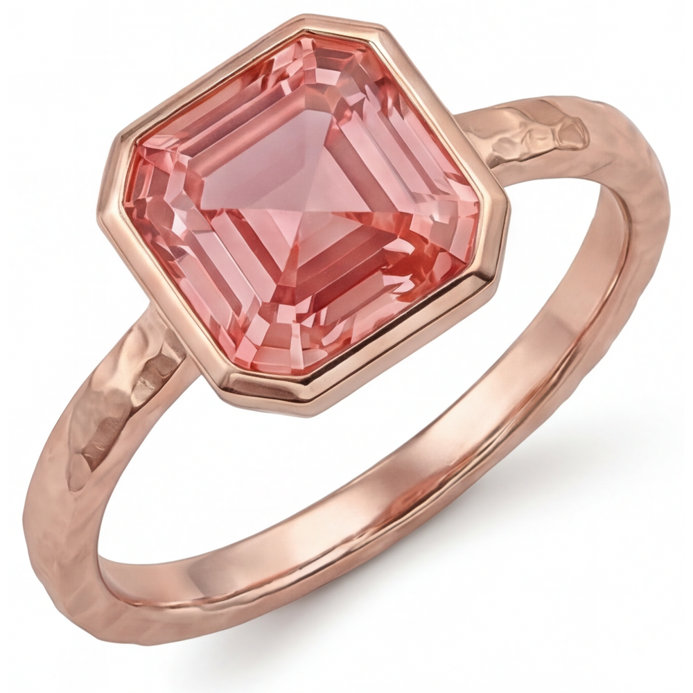 Anello di Fidanzamento Solitario in Oro Rosa con Lunetta, Zaffiro Padparadscha Pesca Naturale da 2,5 Carati Taglio Asscher