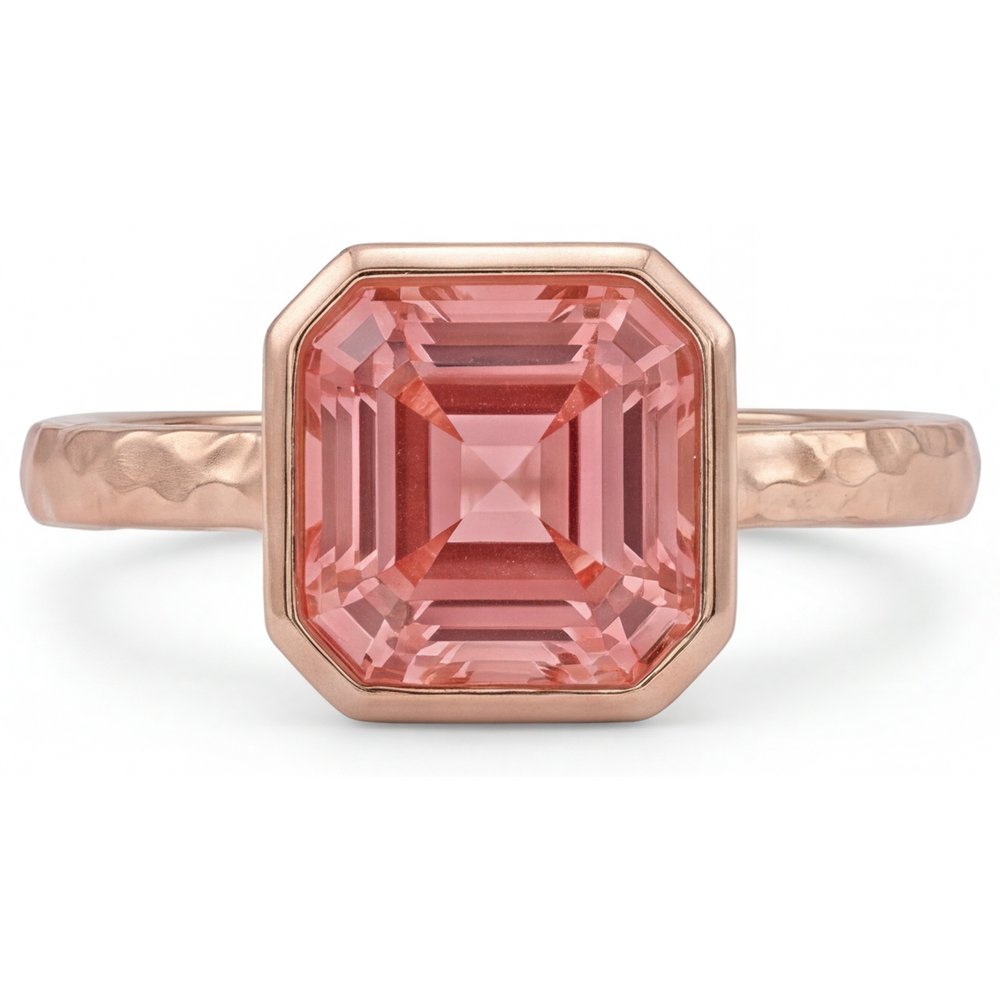 Anello di Fidanzamento Solitario in Oro Rosa con Lunetta, Zaffiro Padparadscha Pesca Naturale da 2,5 Carati Taglio Asscher