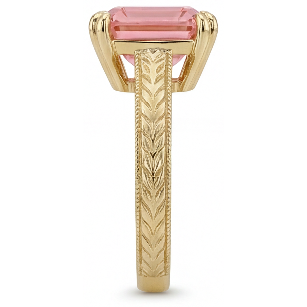 Anello di Fidanzamento Solitario con Zaffiro Padparadscha Pesca Naturale da 3,5 Carati Taglio Asscher in Oro Giallo 14K