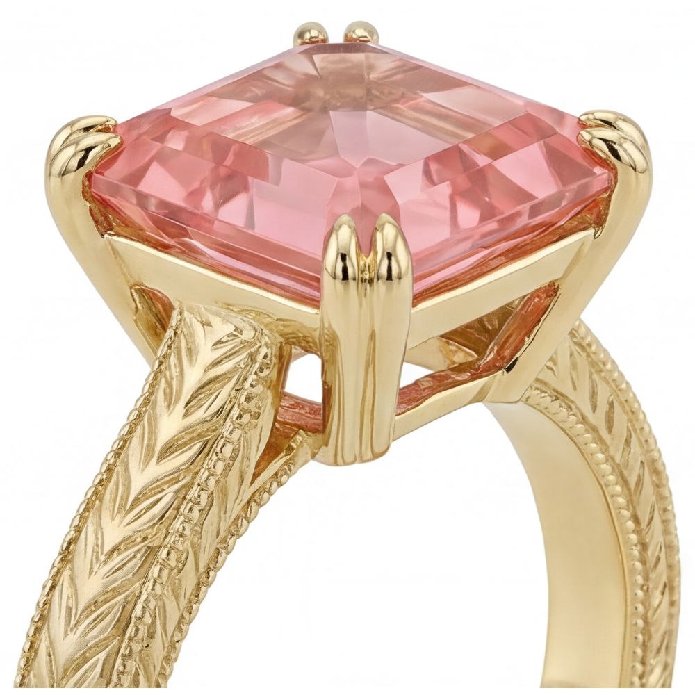Anello di Fidanzamento Solitario con Zaffiro Padparadscha Pesca Naturale da 3,5 Carati Taglio Asscher in Oro Giallo 14K