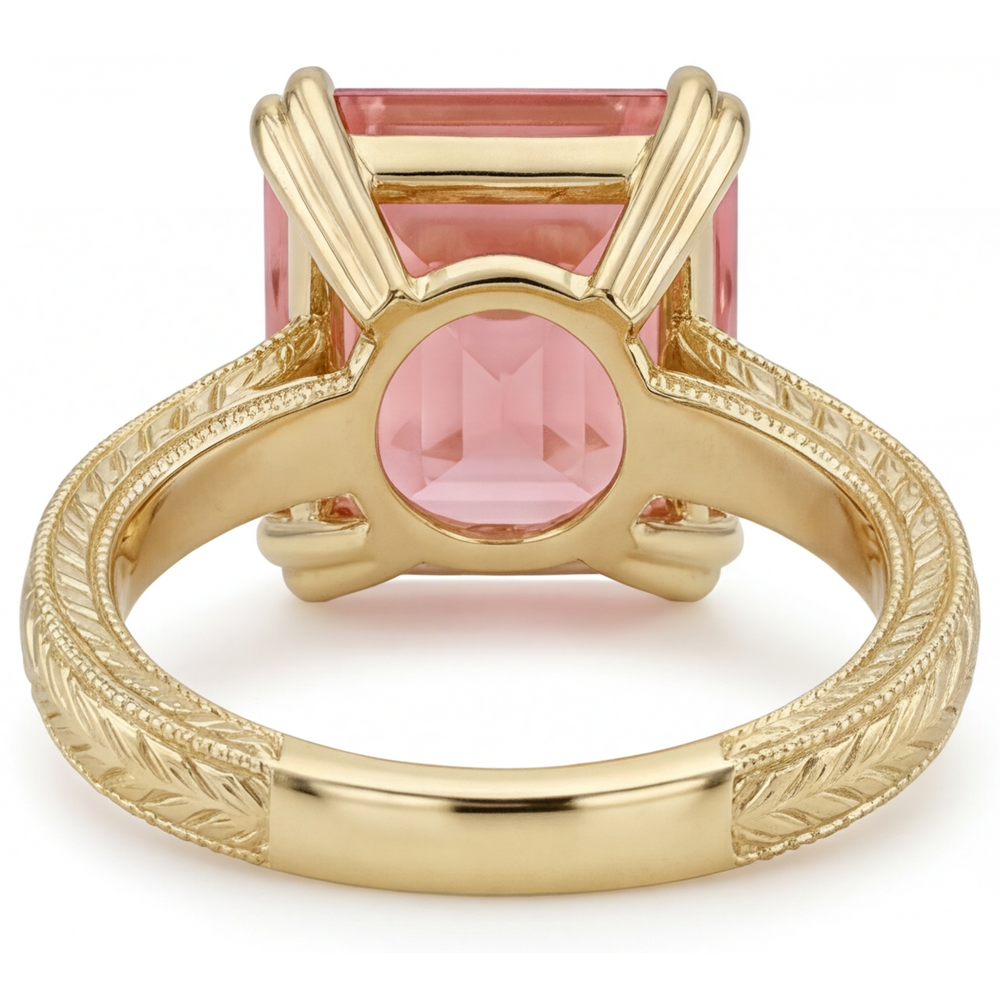 Anello di Fidanzamento Solitario con Zaffiro Padparadscha Pesca Naturale da 3,5 Carati Taglio Asscher in Oro Giallo 14K