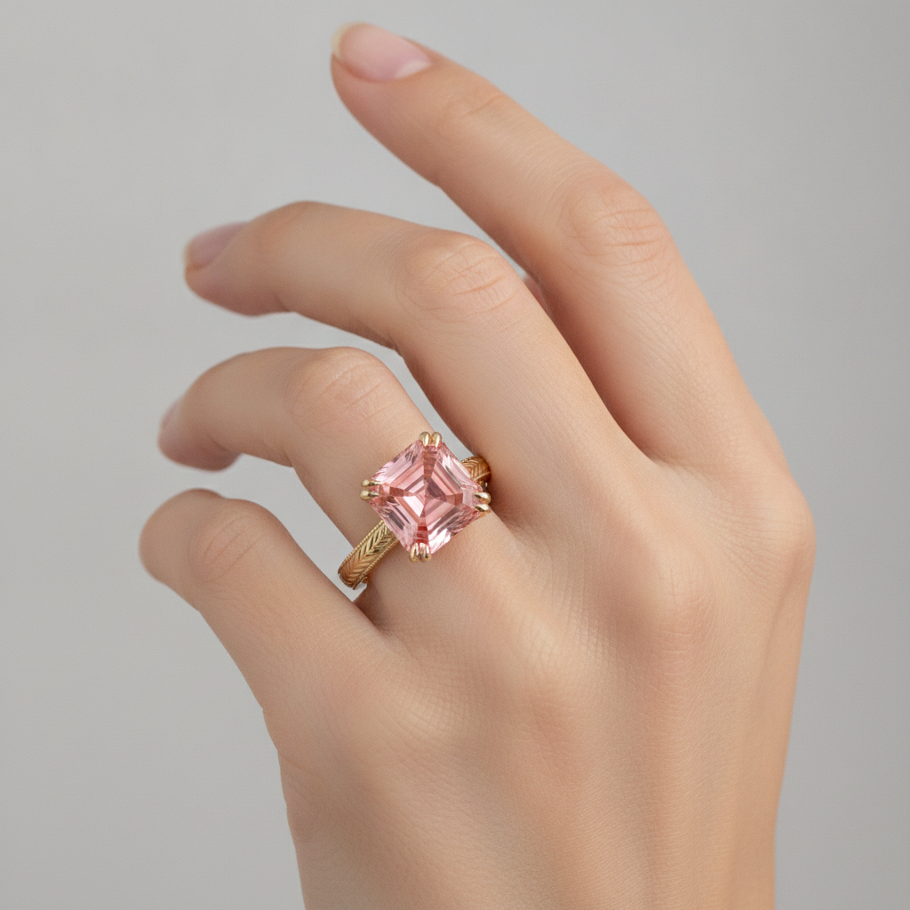 Anello di Fidanzamento Solitario con Zaffiro Padparadscha Pesca Naturale da 3,5 Carati Taglio Asscher in Oro Giallo 14K