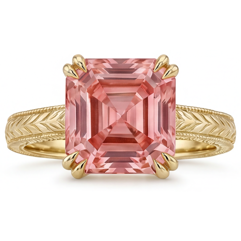 Anello di Fidanzamento Solitario con Zaffiro Padparadscha Pesca Naturale da 3,5 Carati Taglio Asscher in Oro Giallo 14K