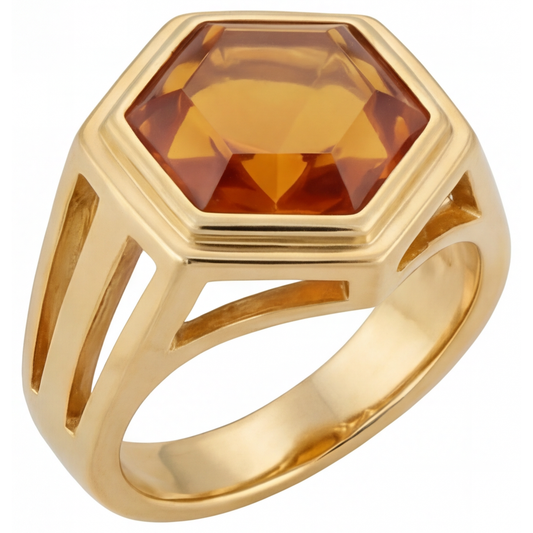 Citrino Hexagon Anello con Pietra Preziosa in Oro Giallo 14K – vista frontale