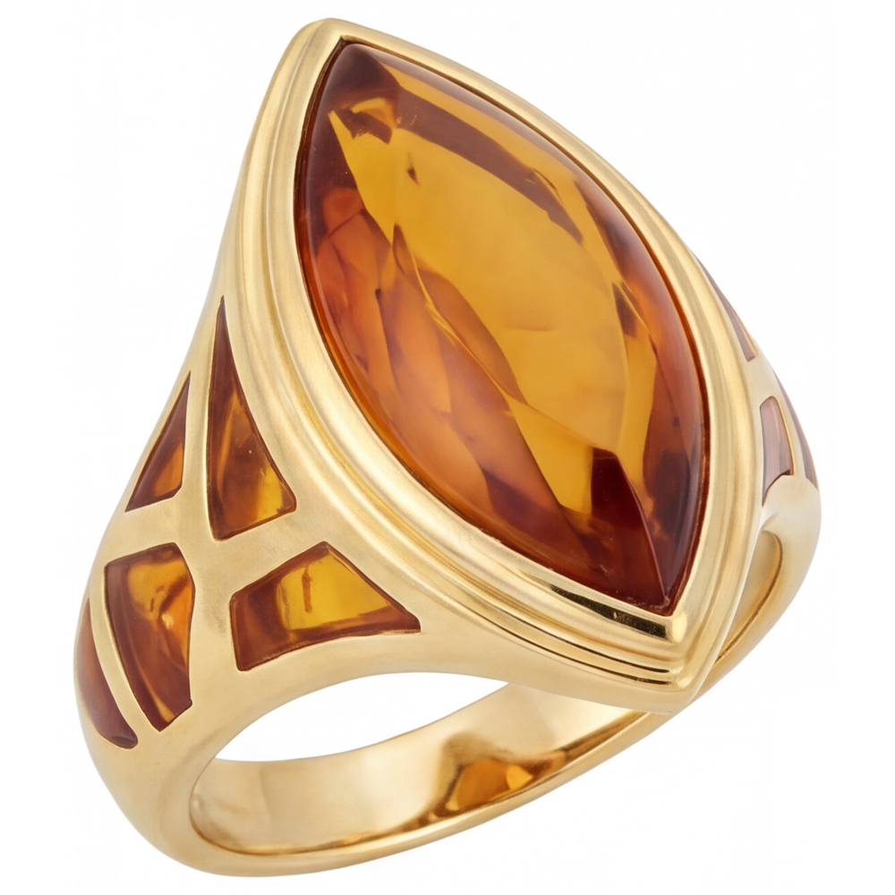 Citrino Dorato Taglio Marquise Anello con Gemma in Oro Giallo 14K – vista laterale