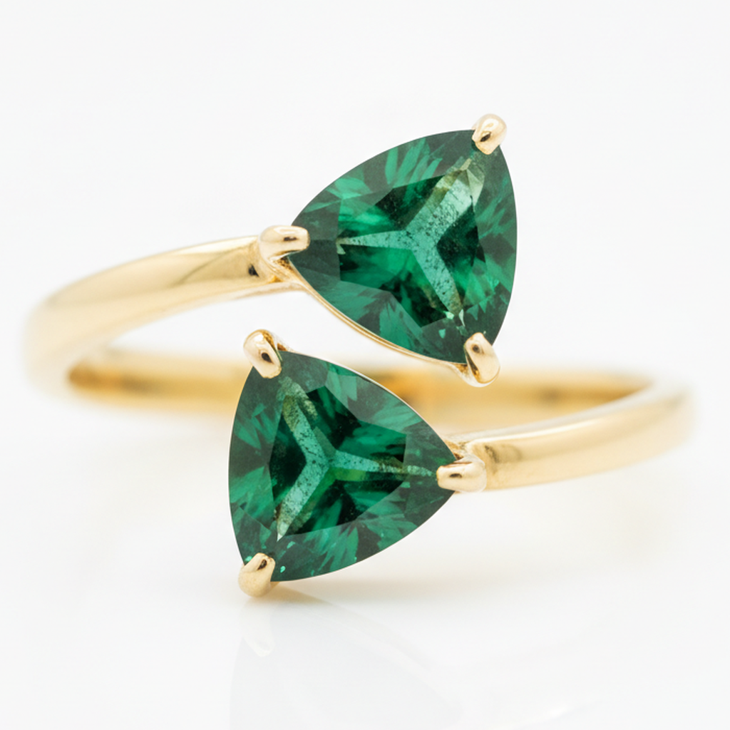Anello di Fidanzamento Taglio Smeraldo 1,19 Carati Colombiano Autentico Taglio Trilliant a Due Pietre in Oro Giallo 18K