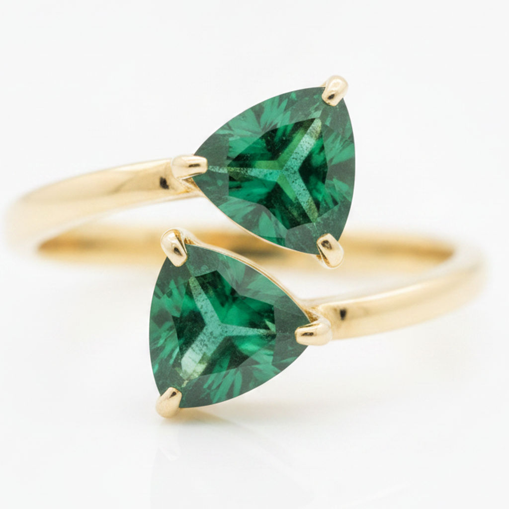 Anello di Fidanzamento Taglio Smeraldo 1,19 Carati Colombiano Autentico Taglio Trilliant a Due Pietre in Oro Giallo 18K