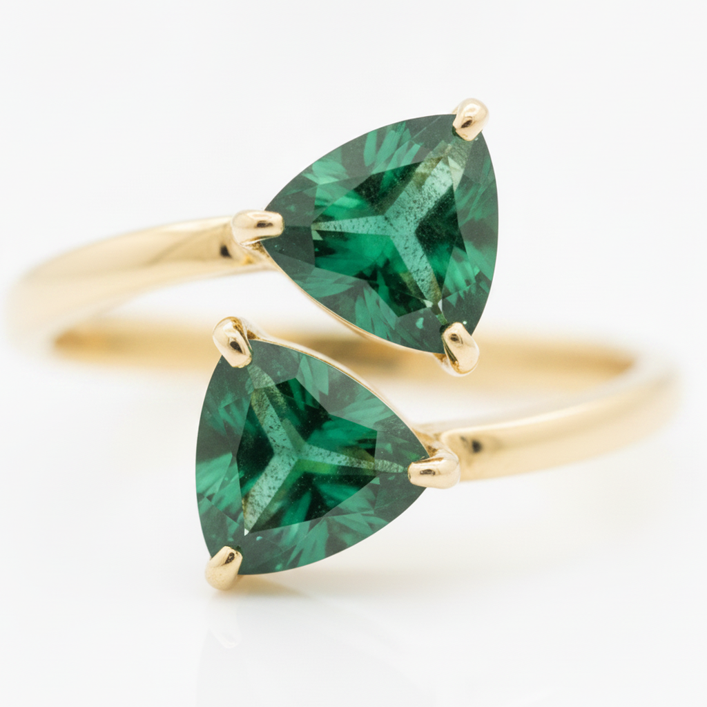 Anello di Fidanzamento Taglio Smeraldo 1,19 Carati Colombiano Autentico Taglio Trilliant a Due Pietre in Oro Giallo 18K