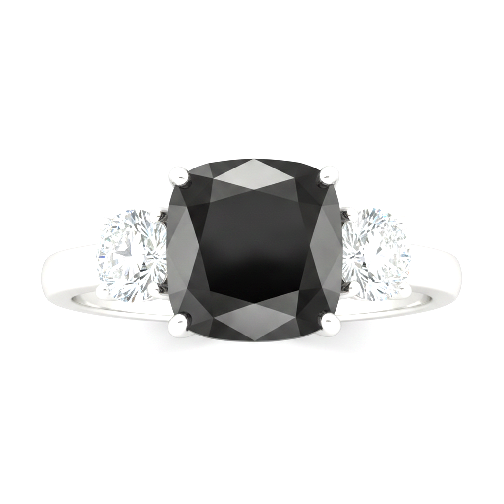 Anello di Fidanzamento a Tre Pietre con Diamante Nero Scuro Naturale Taglio Cuscino da 6 Carati in Oro Bianco 14K