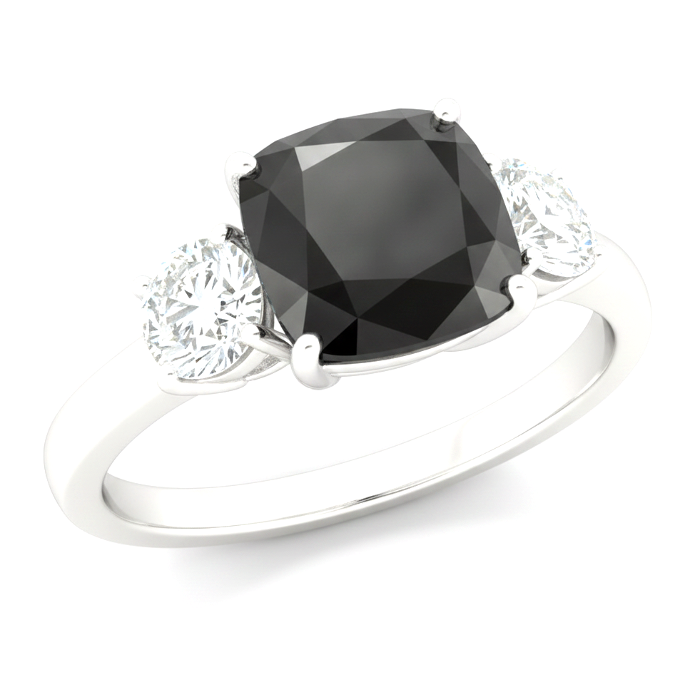 Anello di Fidanzamento a Tre Pietre con Diamante Nero Scuro Naturale Taglio Cuscino da 6 Carati in Oro Bianco 14K