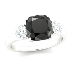 Anello di Fidanzamento a Tre Pietre con Diamante Nero Scuro Naturale Taglio Cuscino da 6 Carati in Oro Bianco 14K