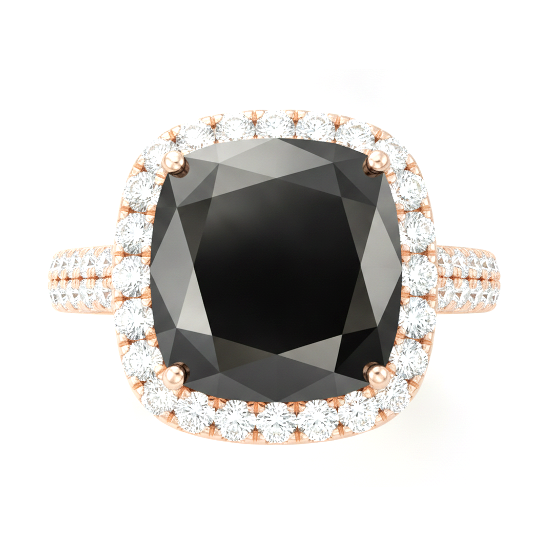 Anello di Fidanzamento Halo a Cuscino con Diamante Nero Autentico da 7,2 Carati in Oro Rosa 14K