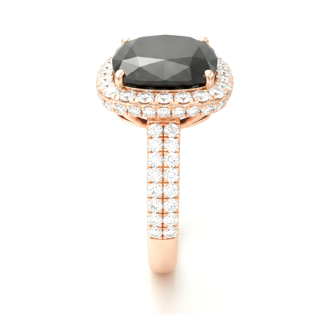 Anello di Fidanzamento Halo a Cuscino con Diamante Nero Autentico da 7,2 Carati in Oro Rosa 14K