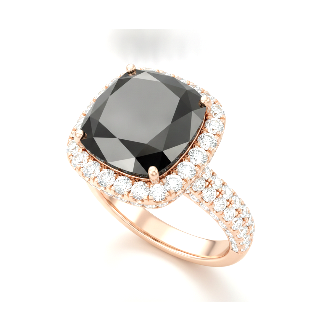 Anello di Fidanzamento Halo a Cuscino con Diamante Nero Autentico da 7,2 Carati in Oro Rosa 14K