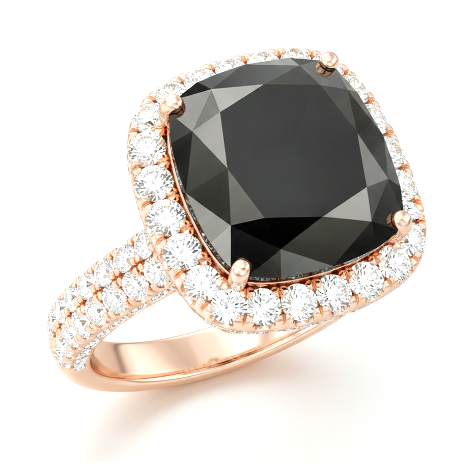 Anello di Fidanzamento Halo a Cuscino con Diamante Nero Autentico da 7,2 Carati in Oro Rosa 14K