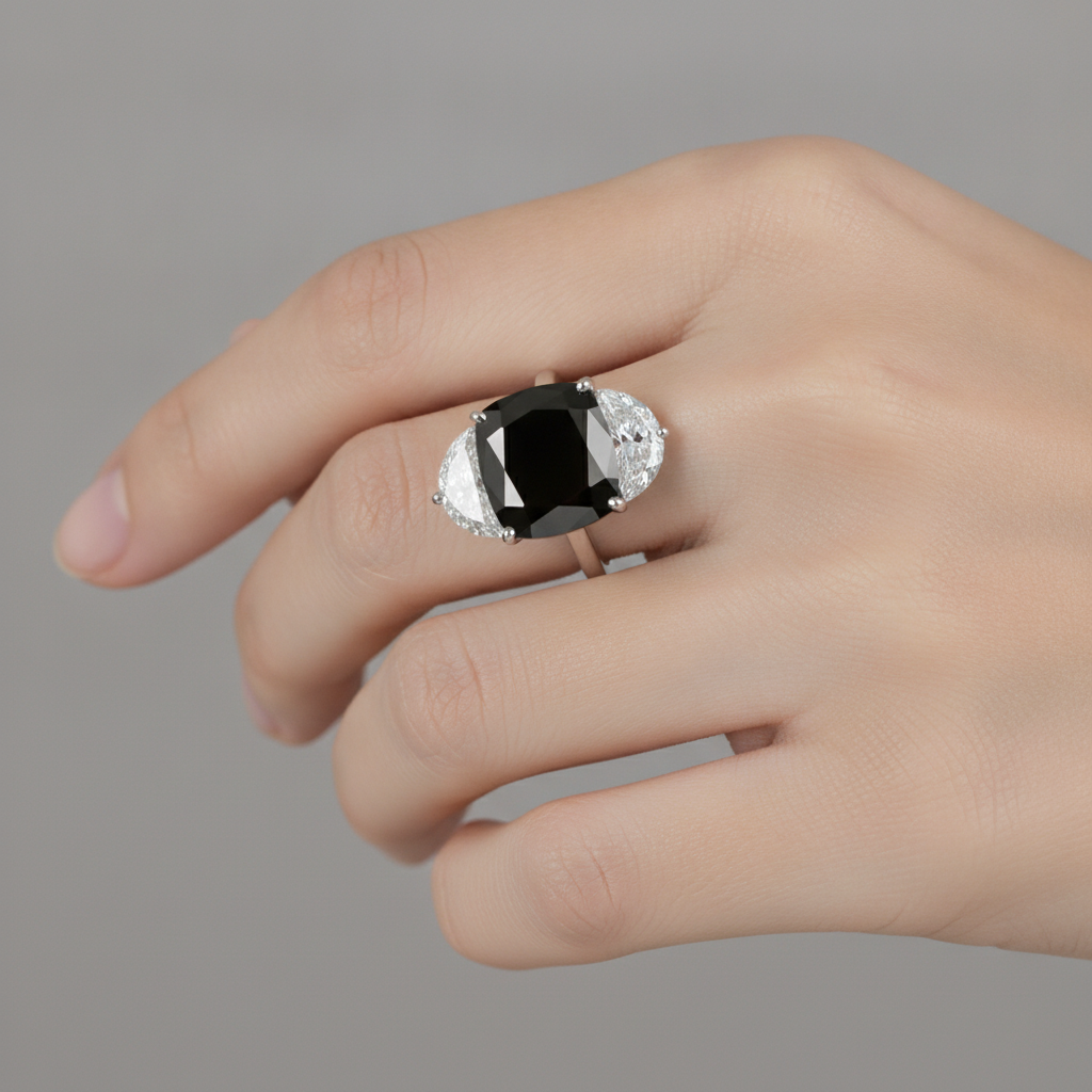 Anello di fidanzamento a tre pietre con diamante nero naturale taglio cuscino da 4,6 carati e mezze lune in Oro Bianco 14 carati