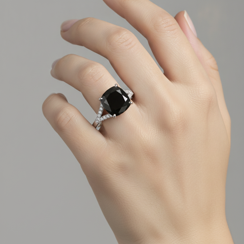 Anello con Diamante Nero Naturale Taglio Cuscino da 3,2 Carati Pavé Cattedrale in Oro Bianco 14K