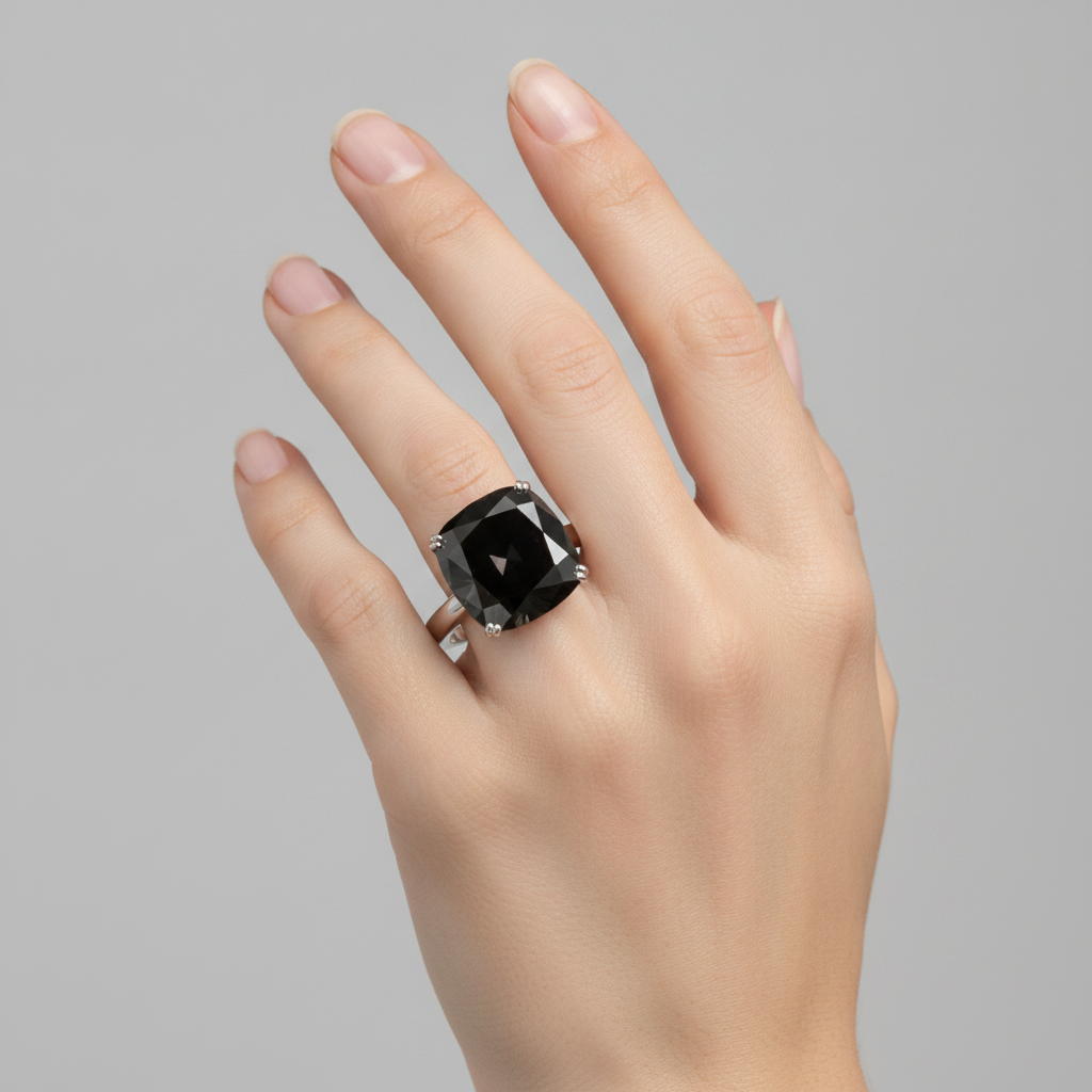 Anello Solitario con Diamante Nero Naturale Taglio Cuscino da 6 Carati in Oro Bianco 14K