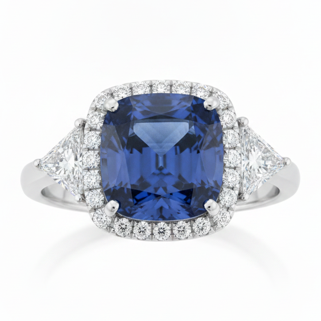 Anello di Fidanzamento Halo con Zaffiro Blu Naturale Taglio Cuscino da 3,5 Carati in Platino