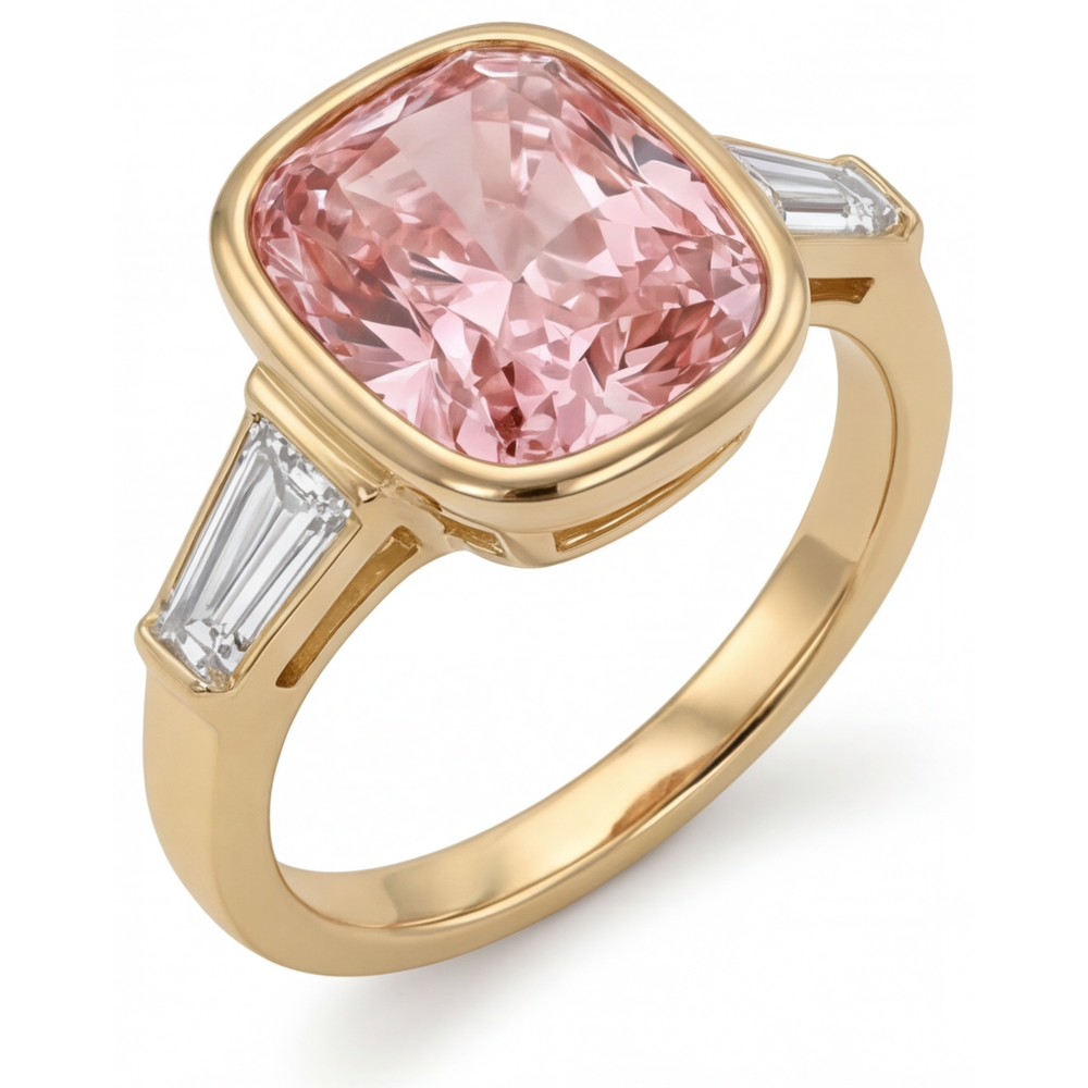 Anello a tre pietre in Oro Giallo 14K con zaffiro Padparadscha naturale pesca taglio cuscino da 3,9 carati e baguette bianchi con lunetta