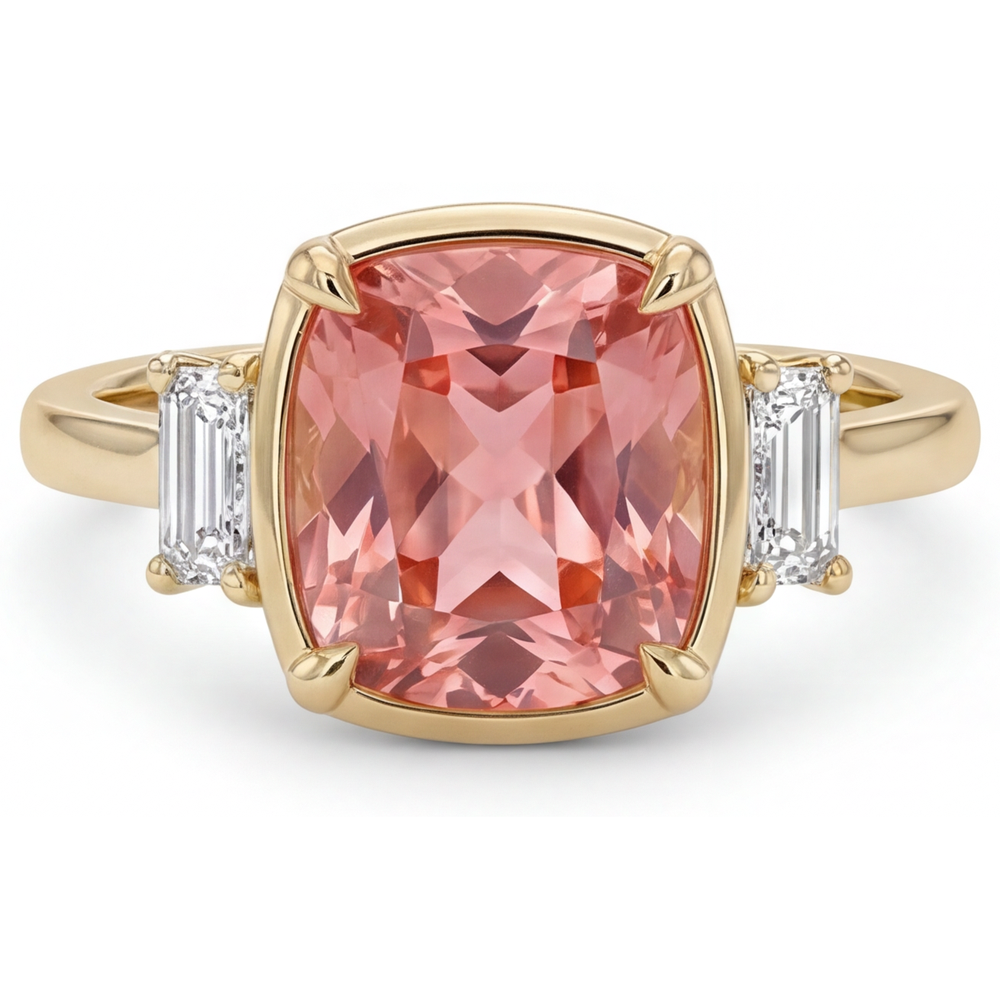 Anello a Tre Pietre in Oro Giallo 14K con Zaffiro Padparadscha Naturale Taglio Cuscino da 3,4 Carati e Diamanti Baguette Bianchi