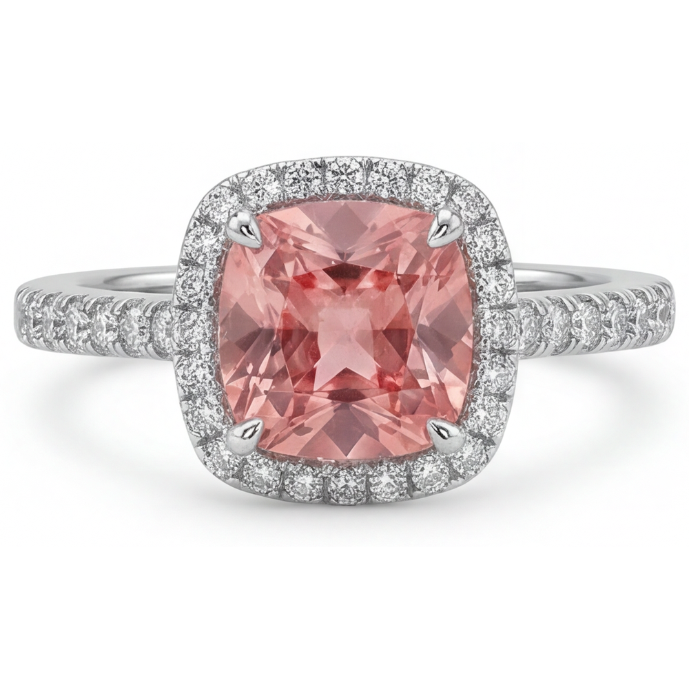 Anello d'Epoca con Zaffiro Padparadscha Autentico da 2,8 Carati Taglio Cuscino Halo Pavé in Oro Bianco 14K