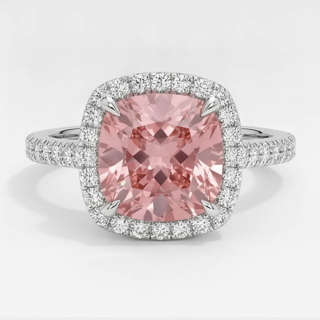 Anello Halo con Pavé in Oro Bianco 14K con Zaffiro Padparadscha Pesca Naturale Taglio Cuscino da 2,8 Carati
