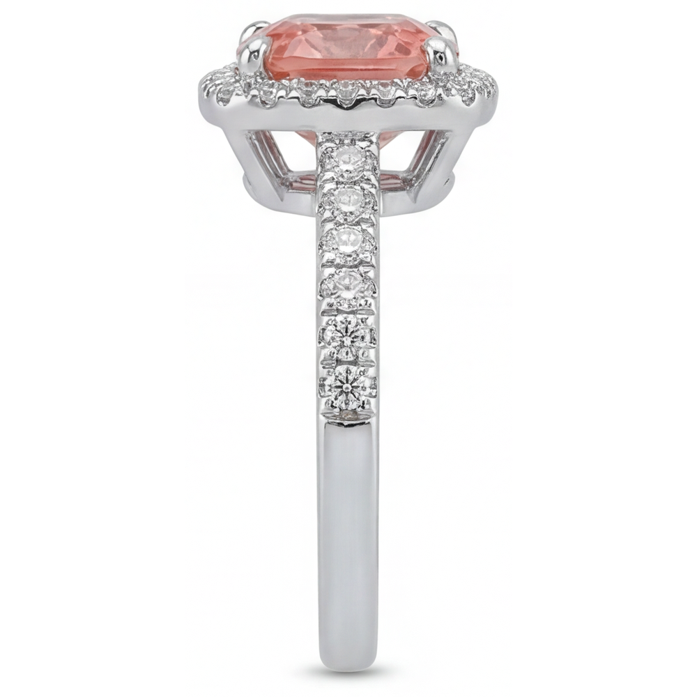 Anello d'Epoca con Zaffiro Padparadscha Autentico da 2,8 Carati Taglio Cuscino Halo Pavé in Oro Bianco 14K