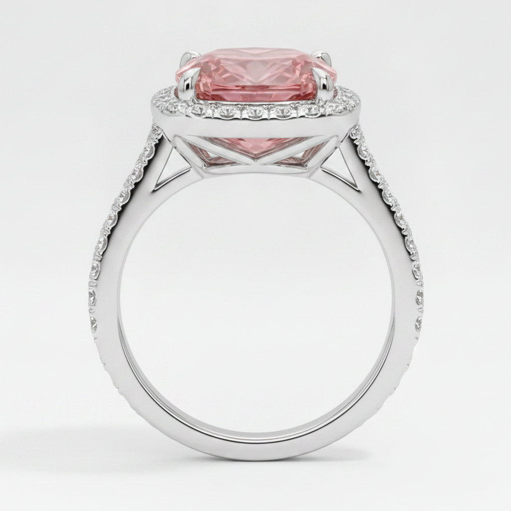 Anello Halo con Pavé in Oro Bianco 14K con Zaffiro Padparadscha Pesca Naturale Taglio Cuscino da 2,8 Carati