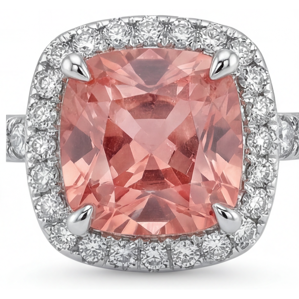 Anello d'Epoca con Zaffiro Padparadscha Autentico da 2,8 Carati Taglio Cuscino Halo Pavé in Oro Bianco 14K