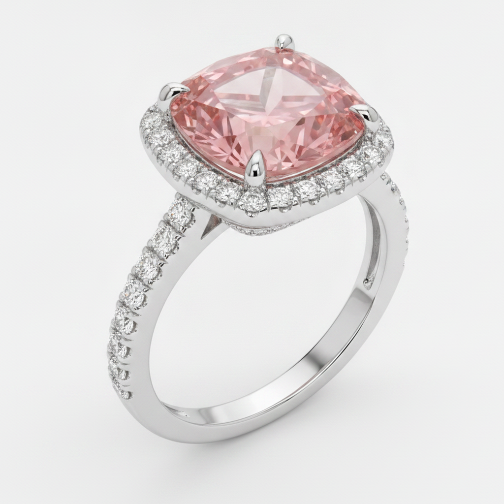 Anello Halo con Pavé in Oro Bianco 14K con Zaffiro Padparadscha Pesca Naturale Taglio Cuscino da 2,8 Carati