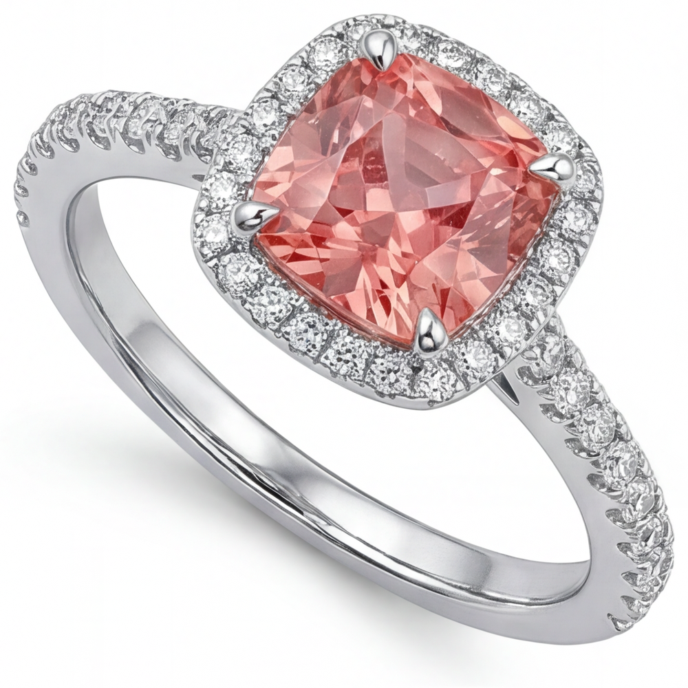 Anello d'Epoca con Zaffiro Padparadscha Autentico da 2,8 Carati Taglio Cuscino Halo Pavé in Oro Bianco 14K